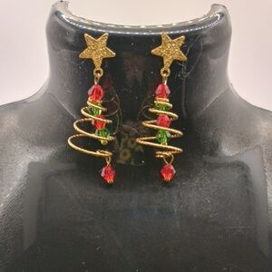 Gold Star Spiral Earrings with Red and Green Accents
